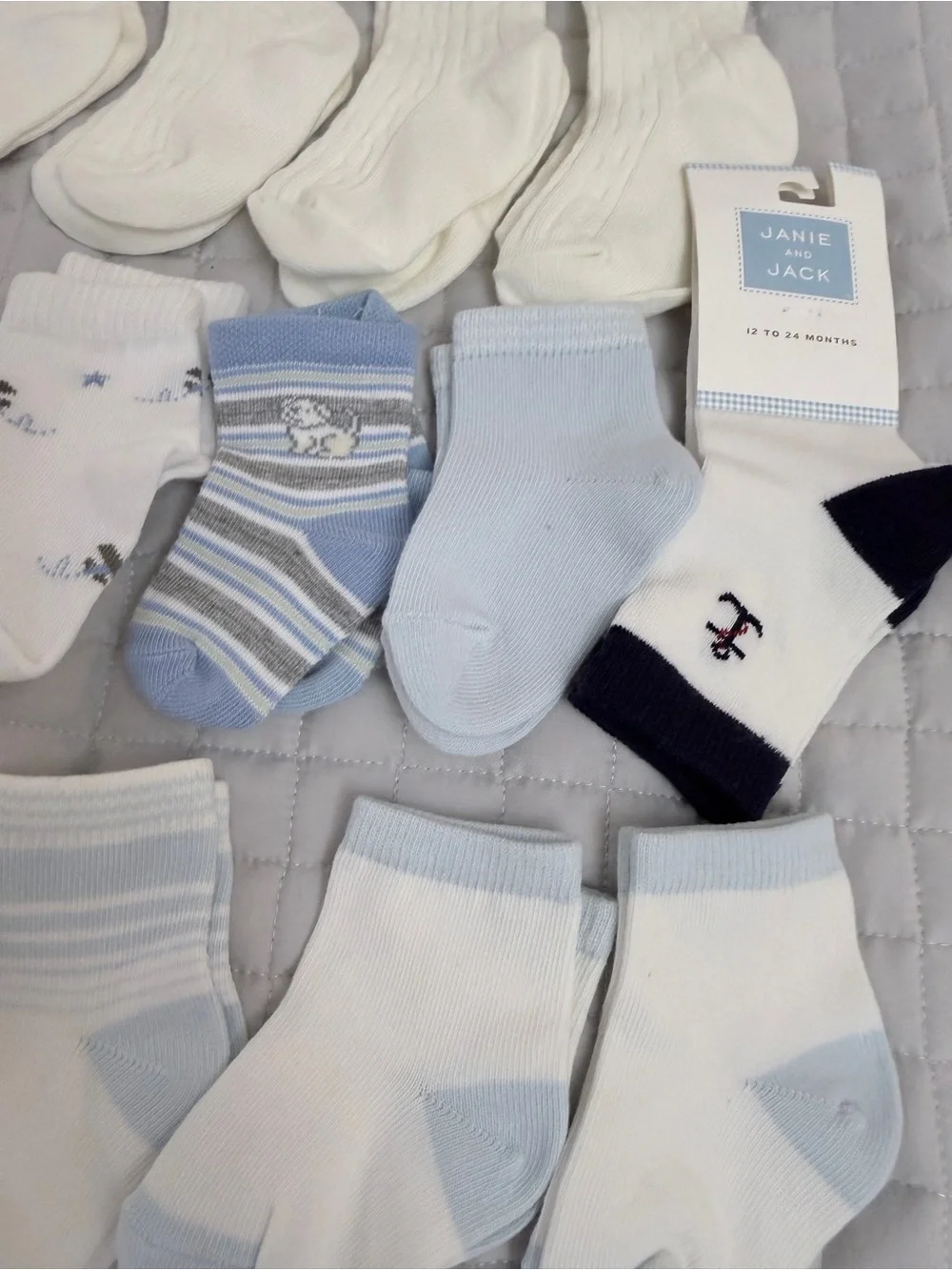 23 pairs Janie and Jack White and Light Blue Baby Sock Bundle